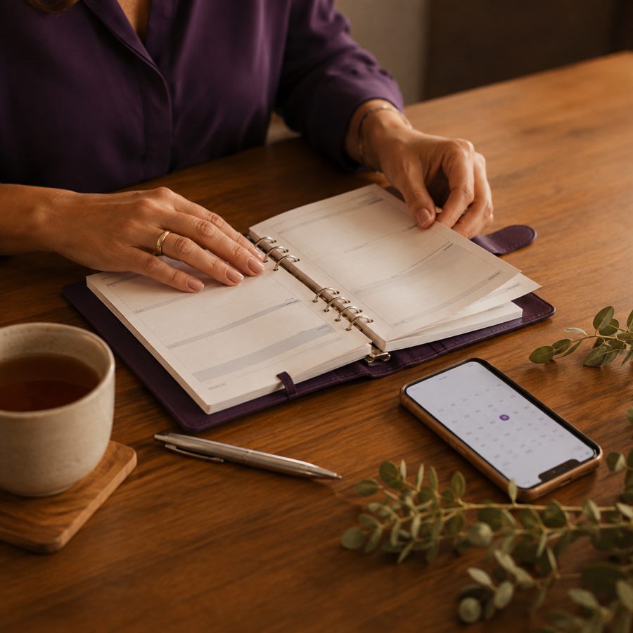 Agenda, celular e caderno organizados sobre a mesa